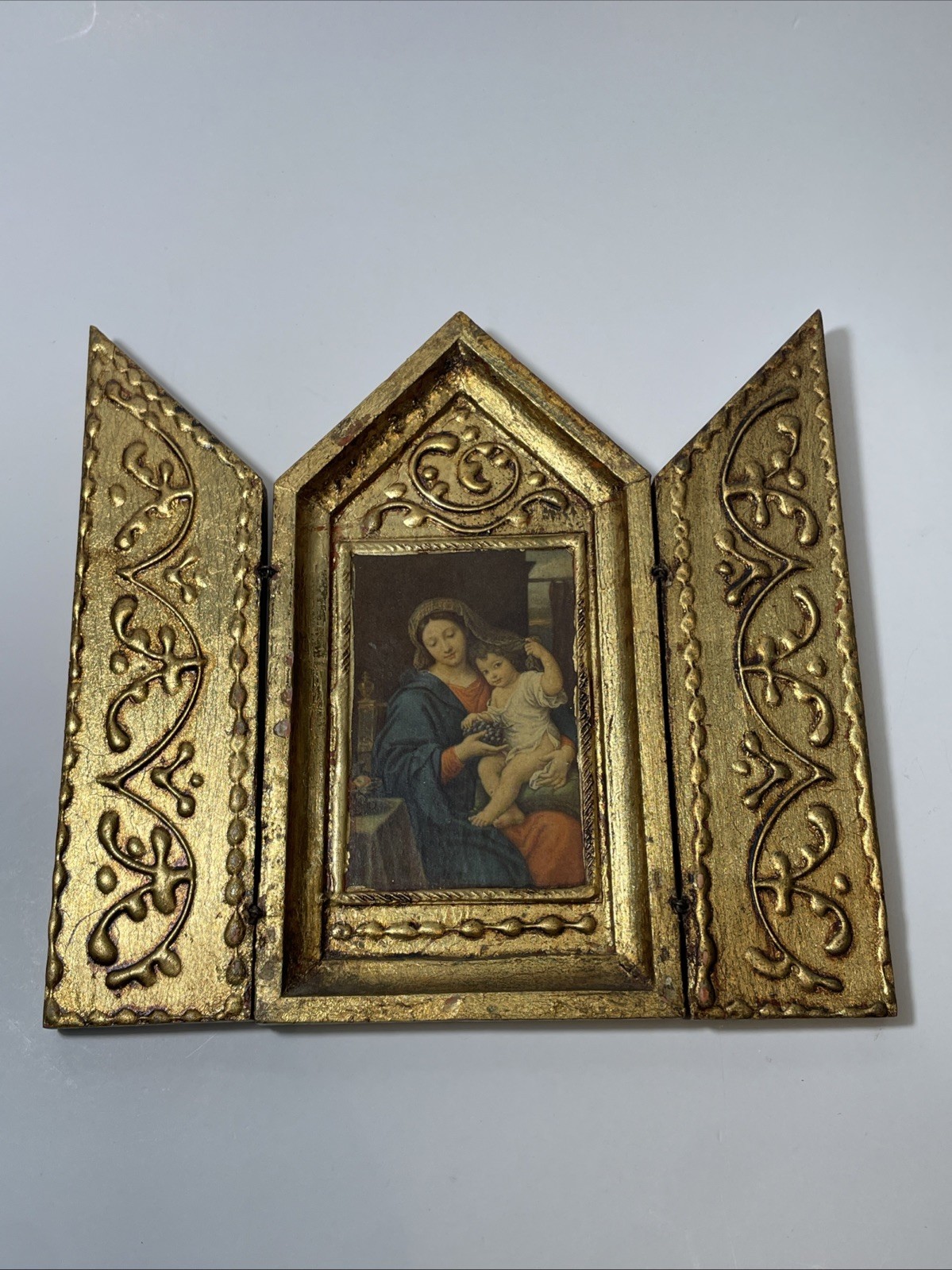 Antique Madonna Of The Grapes Triptych Gold Gilded Religious Holy Virgin Mary