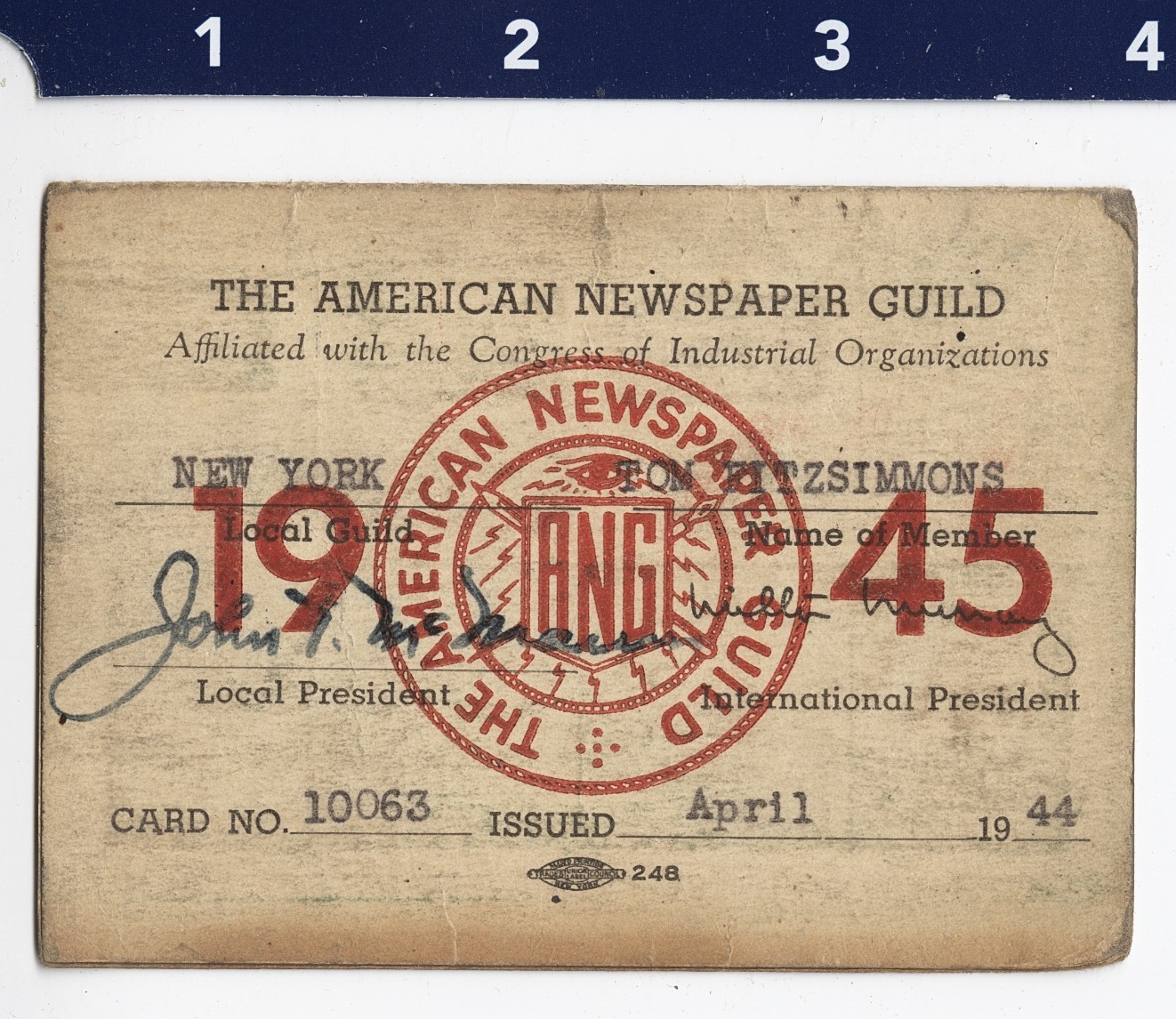 1945 American Newspaper Guild Member Card of Photographer Thomas Fitzsimmons