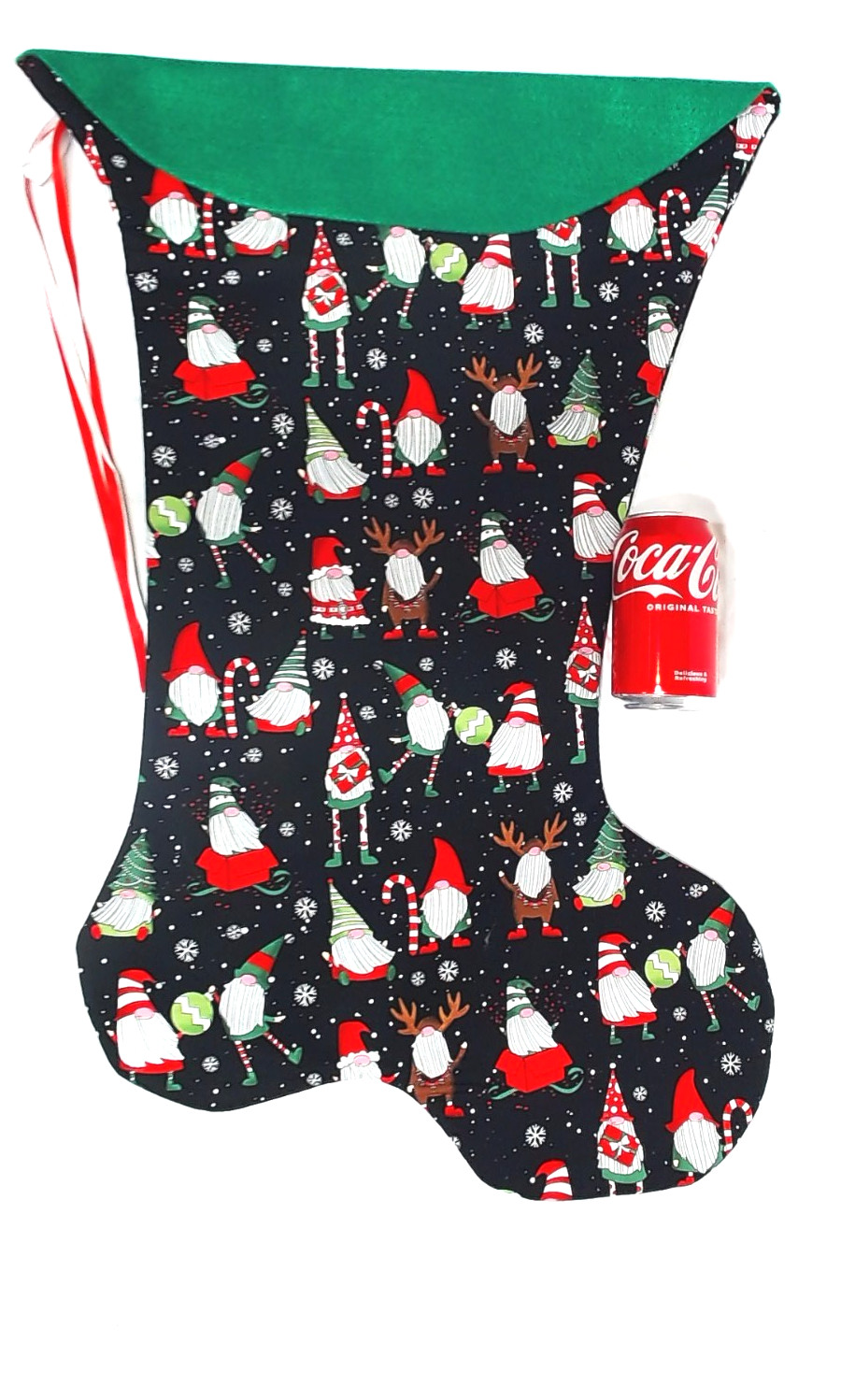 GIANT CHRISTMAS STOCKING CUTE CHRISTMAS GNOMES & SNOW on BLACK PRINT, NEW  USA