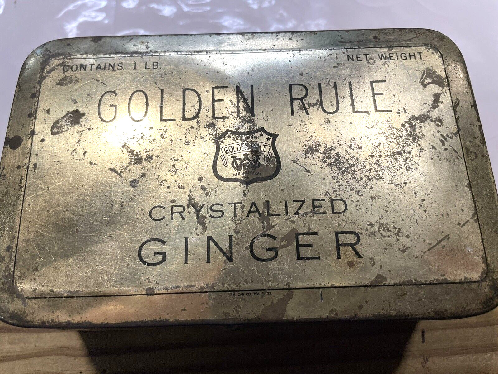 VINTAGE Antique Golden Rule Crystalized Ginger HINGED Tin Can 1 lb