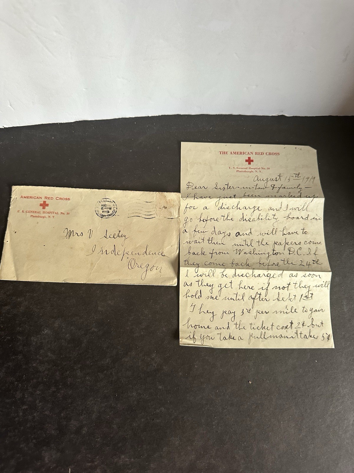 1919 WWI Edgar Seeley Red Cross Hospital Disability Discharge Letter + Cover