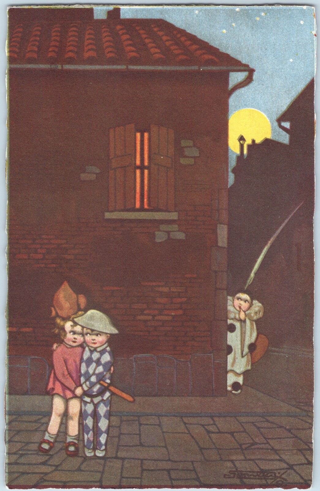 Vintage Postcard Italian Artist Sgrilli Children at Night Pierrot Watches XLNT