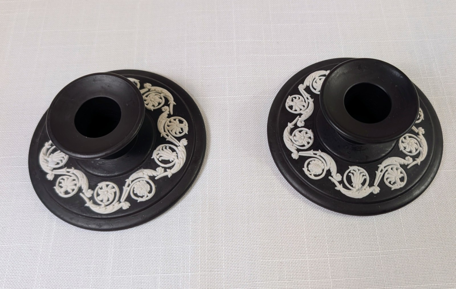 Pair Vintage Wedgwood Black Basalt Jasperware Candlesticks England Pair Vintage Wedgwood Black Basalt Jasperware Candlesticks England