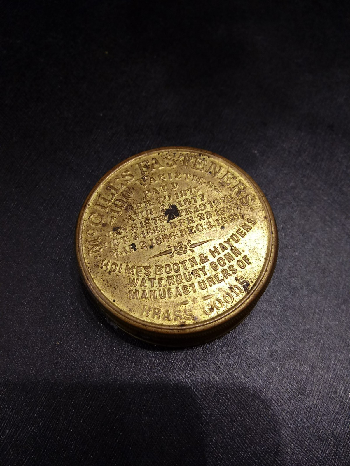 Antique Advertising Tin Mcgill\'s Brass Fasteners New York 1886