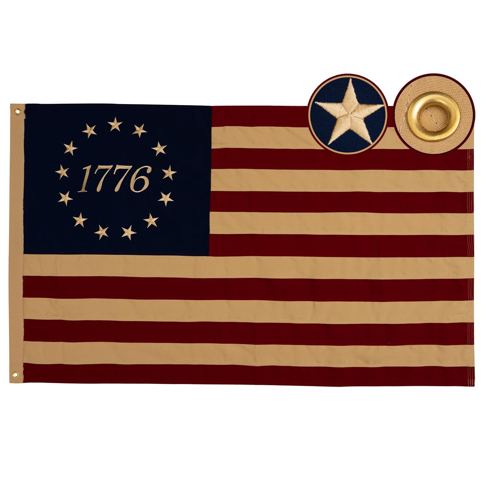 Vintage 1776 Flag 3x5 ft 100% Cotton, Tea Stained Bennington Betsy Ross Flags Am