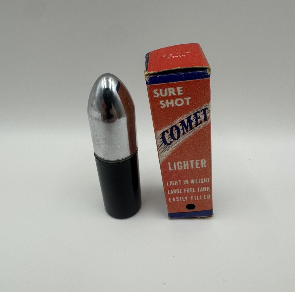 Vintage Sure Shot Bullet Shaped Enameled Black Comet Brand Pocket Lighter in Box