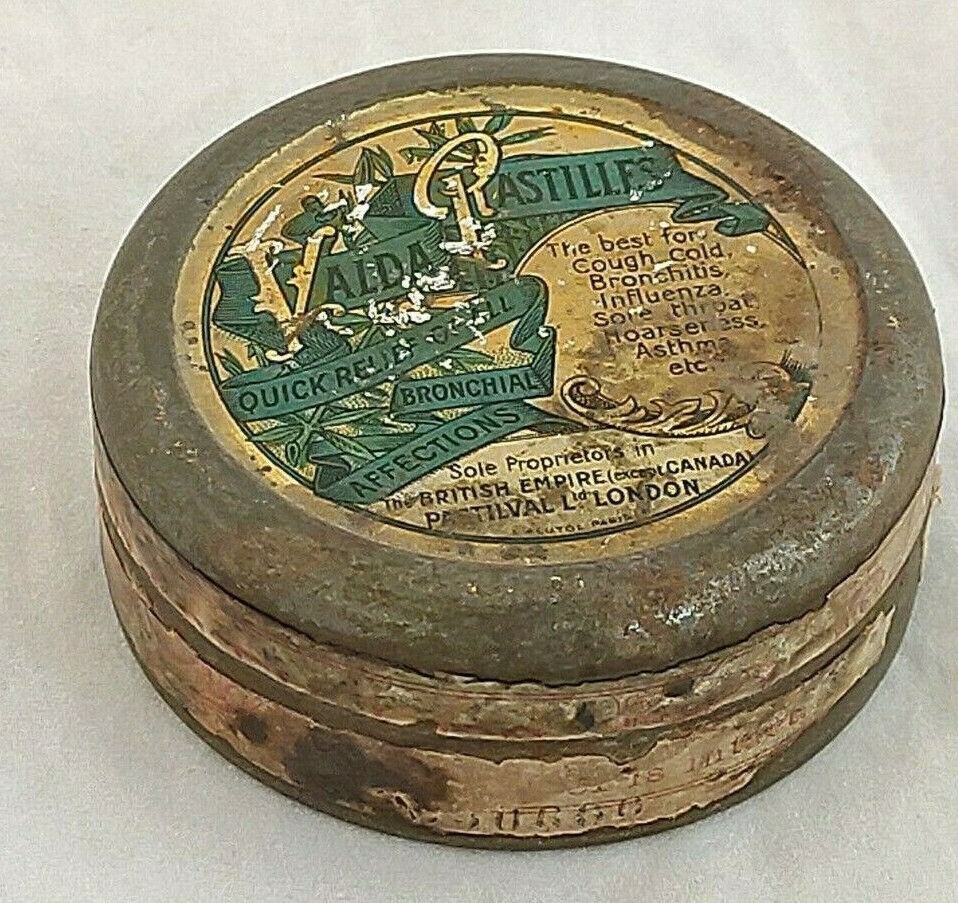1930s Valda Pastilles Tin Box: French Litho Antique Medicine Advertising Decor