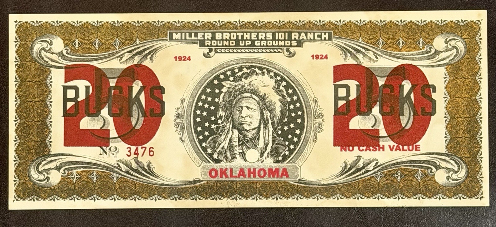 1924 Miller Brothers 101 Ranch 20 Bucks Oklahoma Advertising Scrip No. 3476