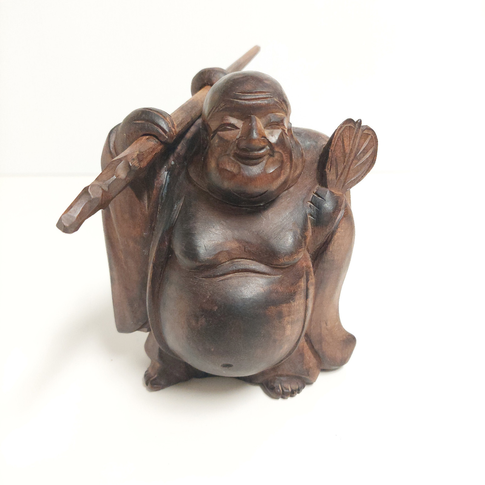 Smiling Buddah - Vintage hand-carved wooden smiling Buddah with detachable staff Smiling Buddah - Vintage hand-carved wooden smiling Buddah with detachable staff