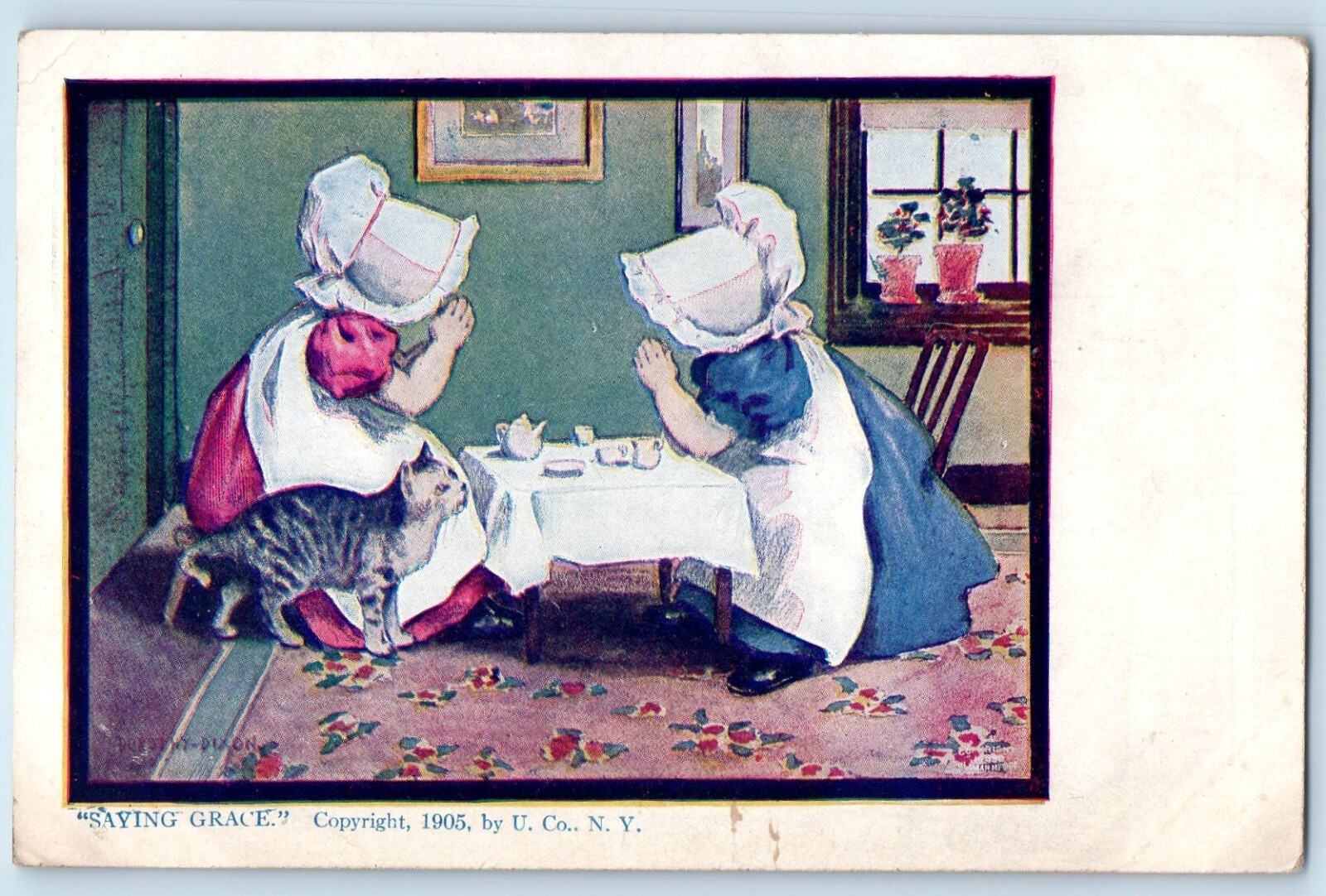 c1910\'s Saying Grace Children Praying Tea Cat Signed Artist Antique Postcard