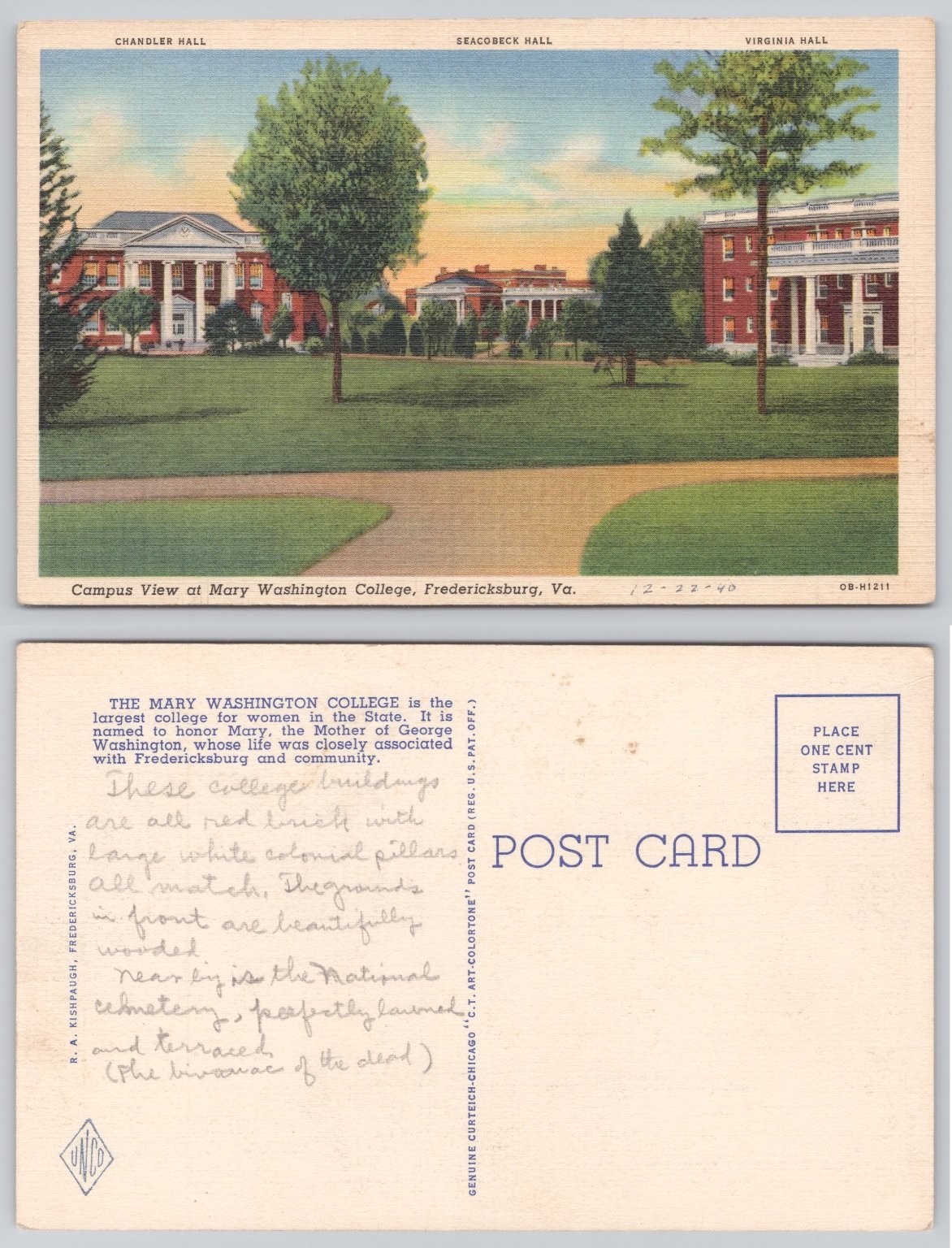 1940 Mary Washington College Fredericksburg VA Art Colortone Postcard