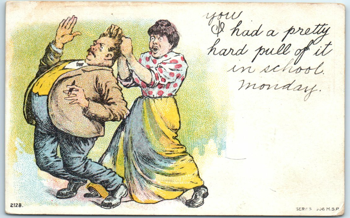 Postcard - Woman Pulling The Man's Hair Comic Art Print