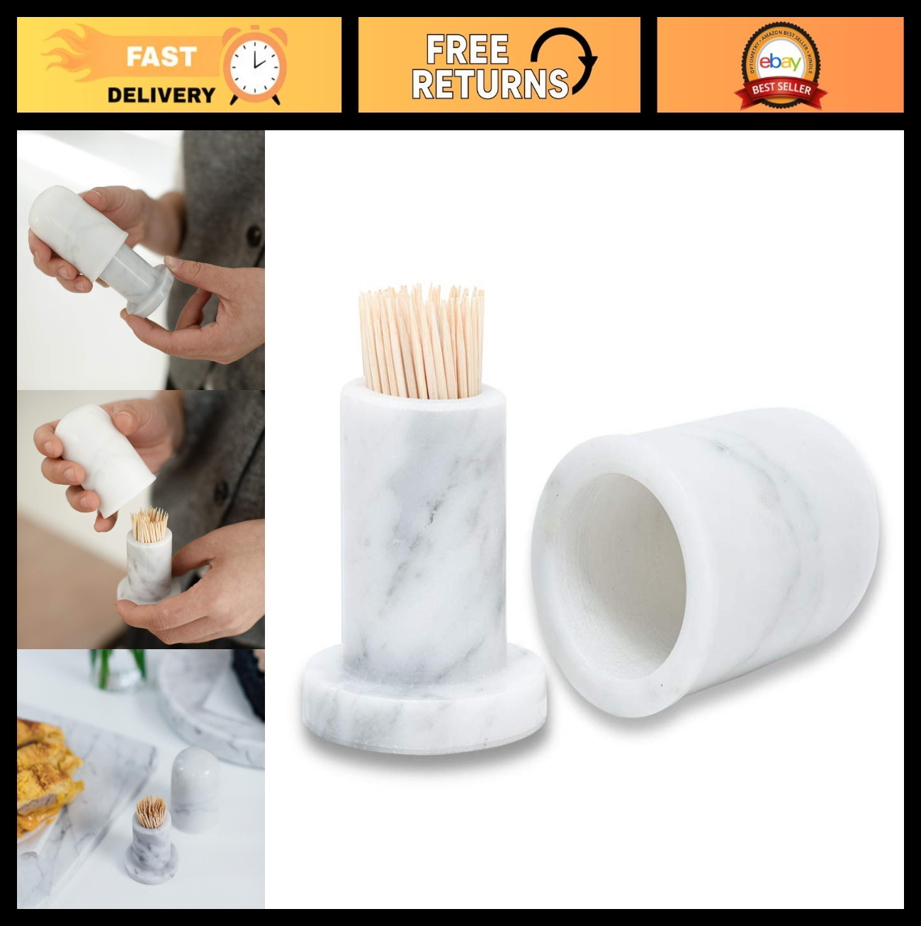 Marble Toothpick Holder with Lid - Stylish Toothpick Dispenser & Organizer for H