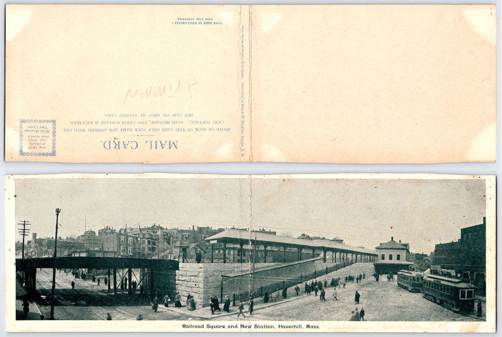 [OS1] Postcard Panorama Bi-fold undivided back, Railroad Square Haverhill MA