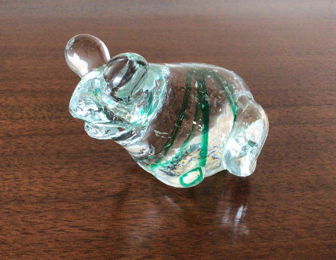 Vintage Enesco Clear Art Glass W/ Green Swirl Frog Figurine~Paperweight