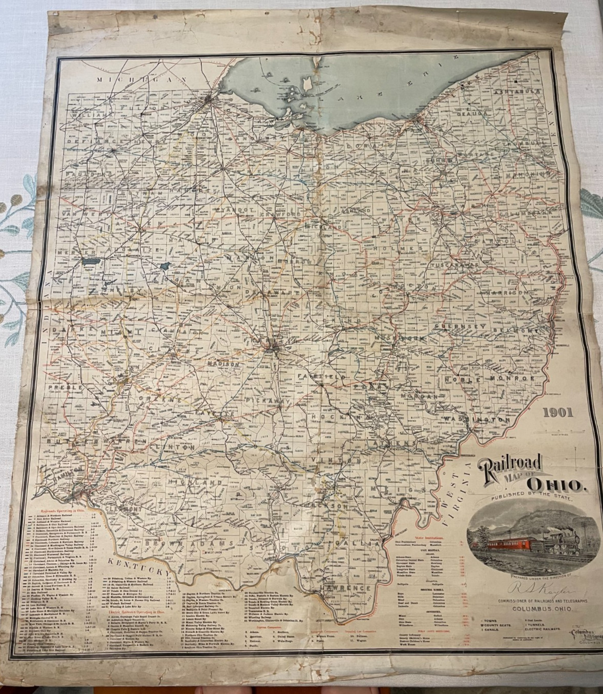 1901 Ohio Railroad Map on Linen Backing