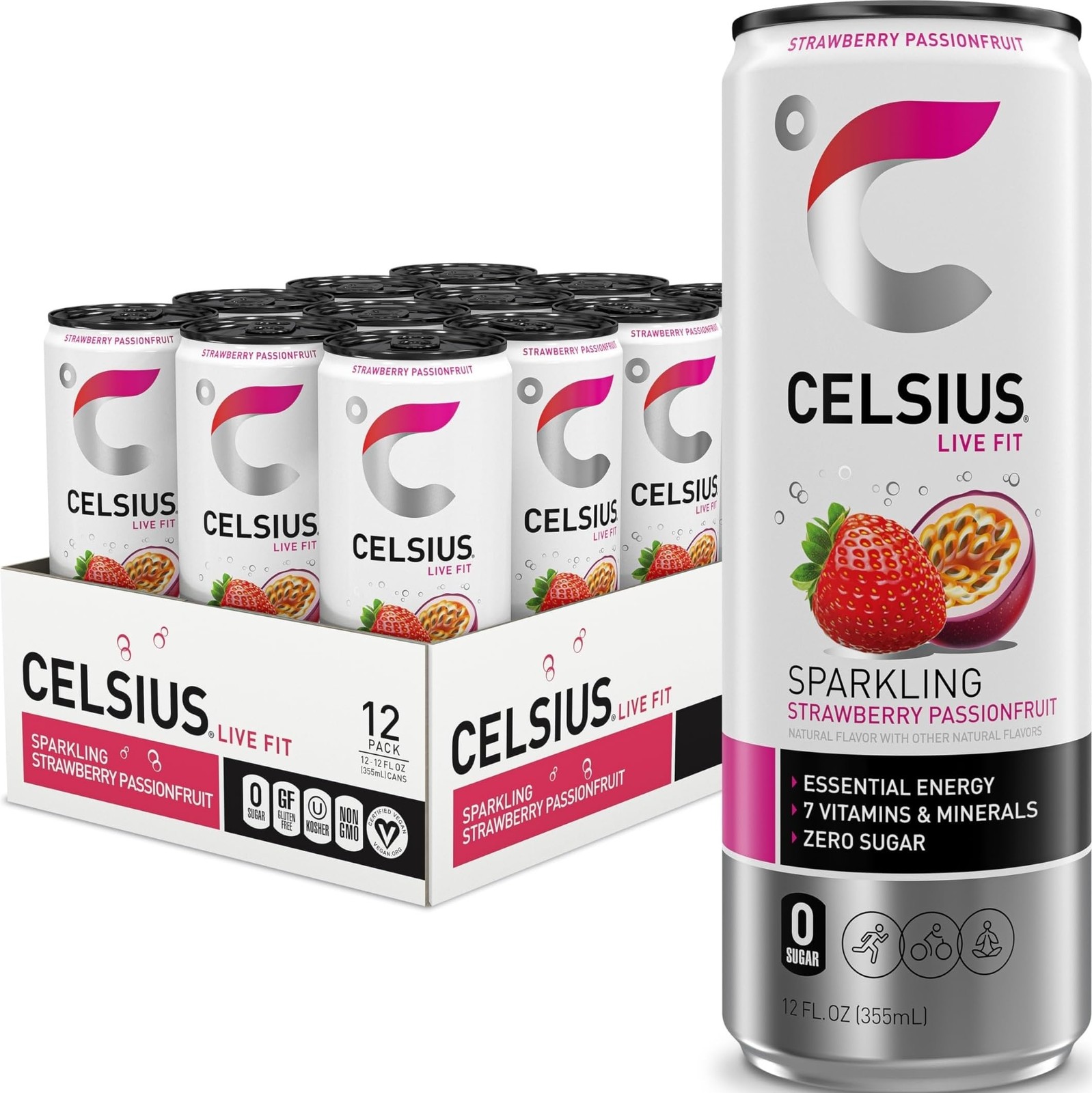 CELSIUS Sparkling Strawberry Passionfruit, Sugar Free 12 Fl Oz (Pack of 12)