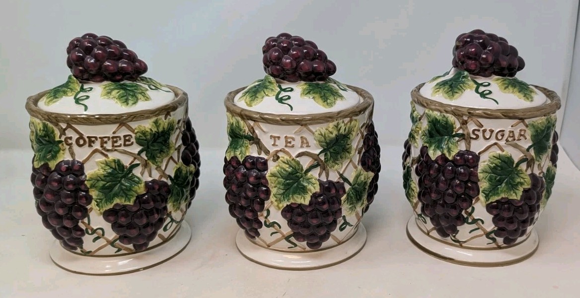 Vintage Set Of 3 KK Grapes & Grapevine Lidded Canisters Tea Coffee Sugar 