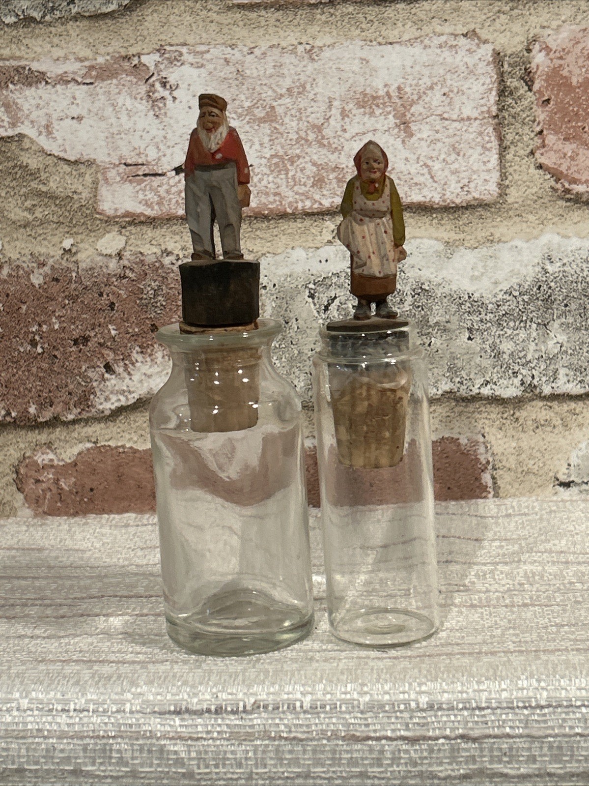 Two Small Apothecary Jars W/ Hand Carve Wooden Stoppers