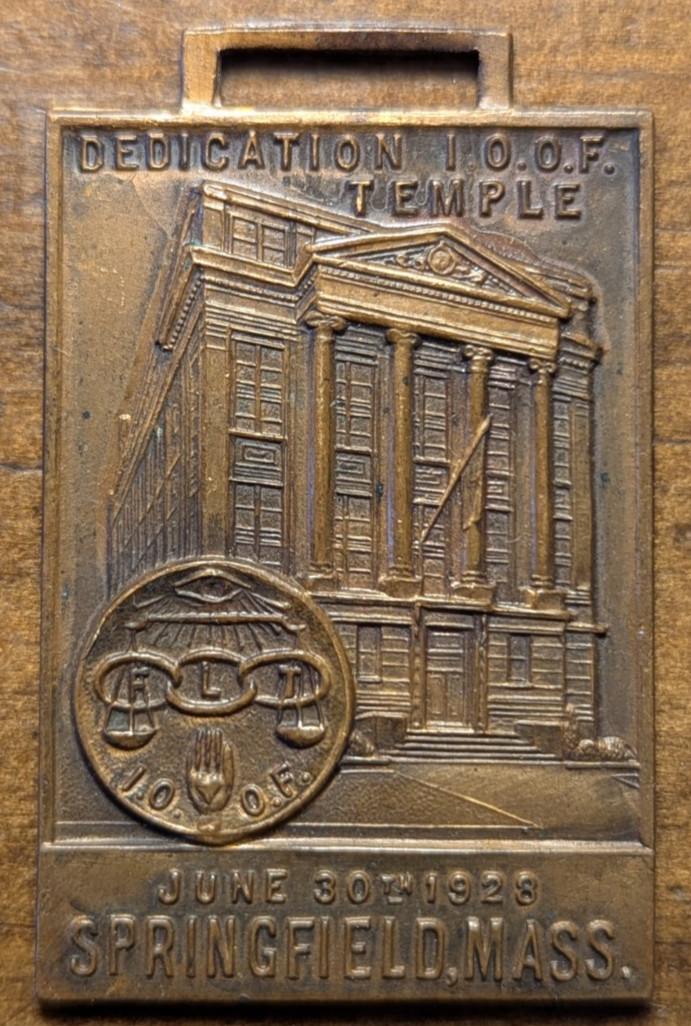 1928 Springfield, Massachusetts MA IOOF Odd Fellows Temple Brass Watch Fob