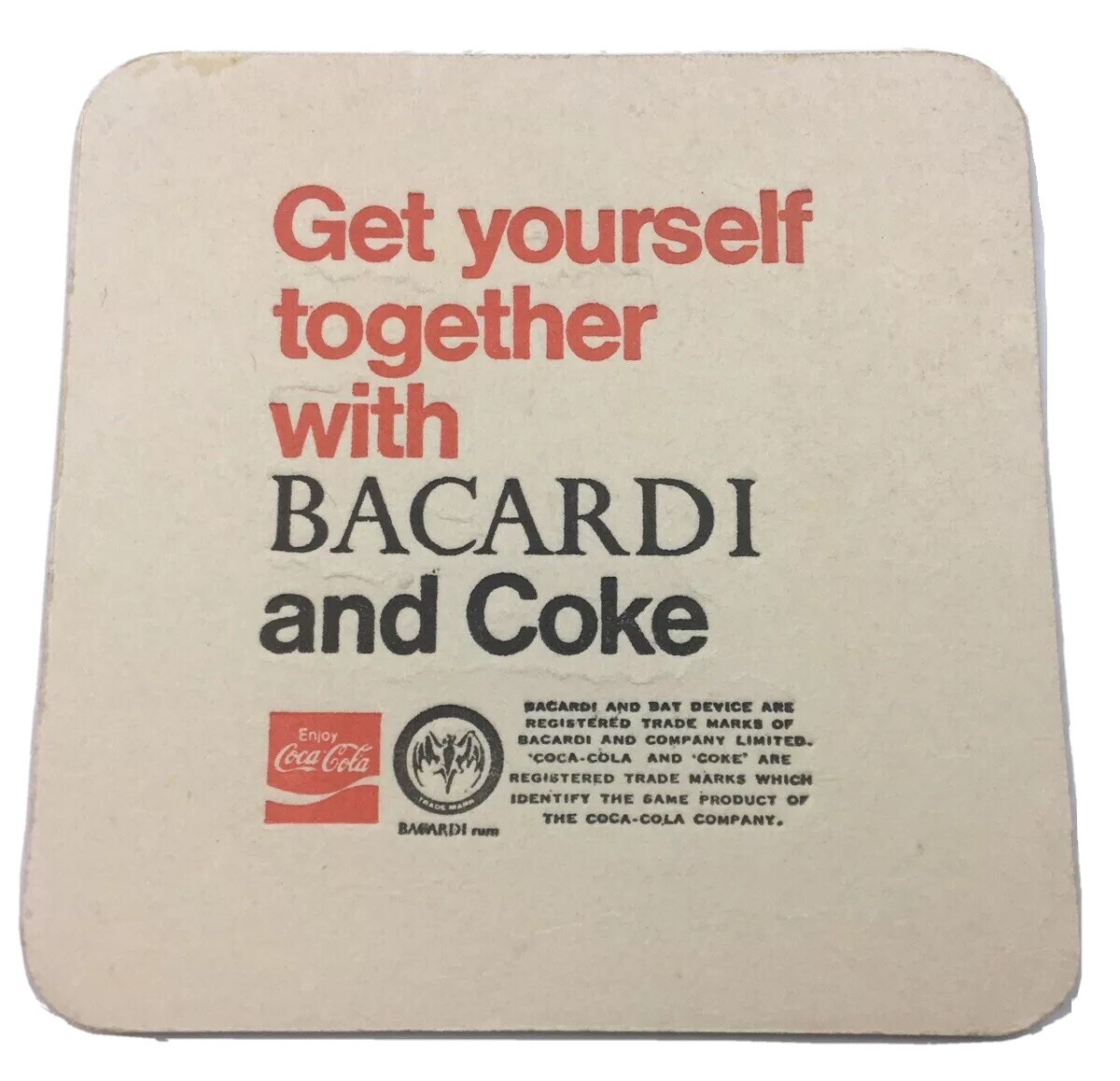 Get Yourself Together with Bacardi and Coke  Coaster Double Sided c1970s