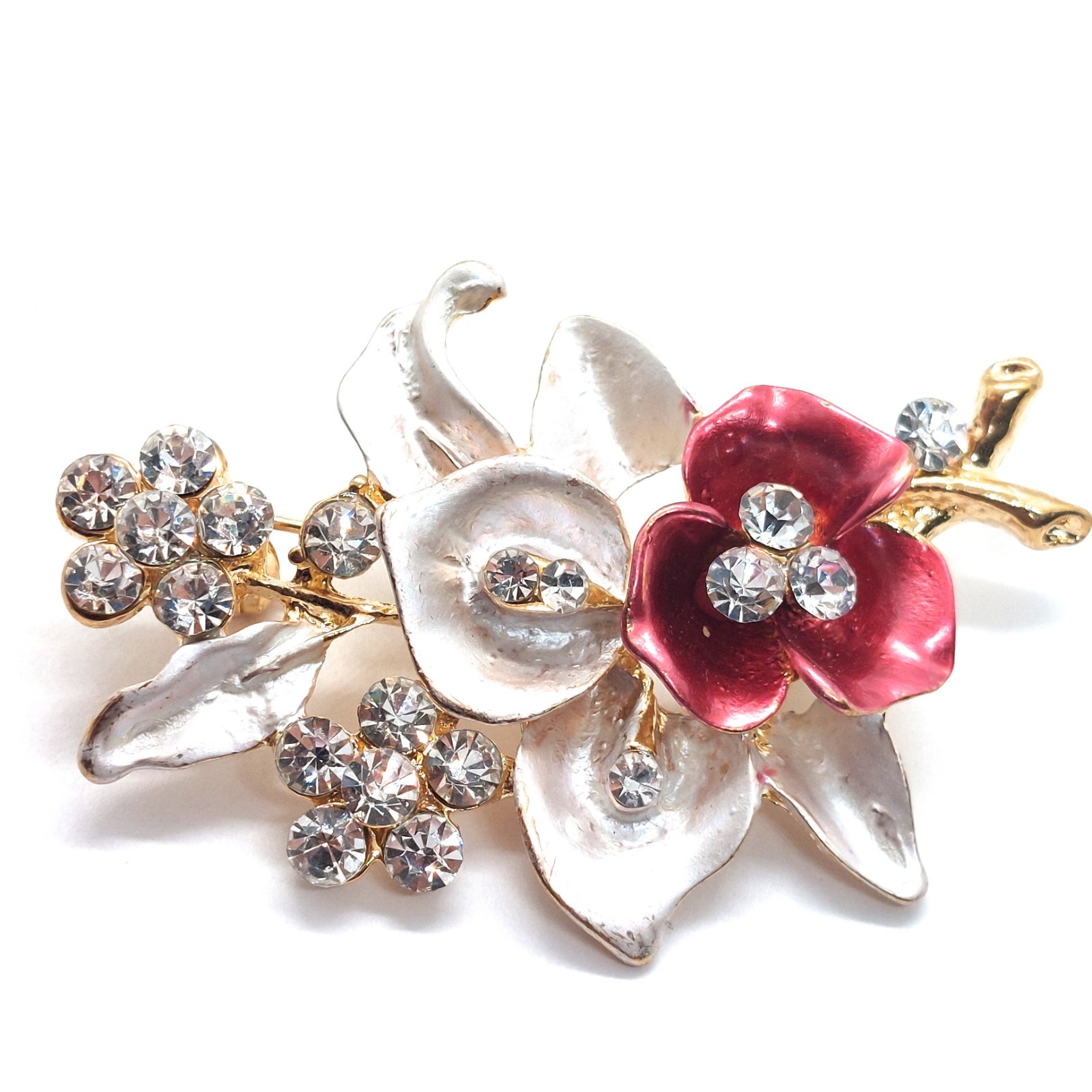 Floral White Red Rhinestone Pin Vintage Lapel Brooch Costume Statement