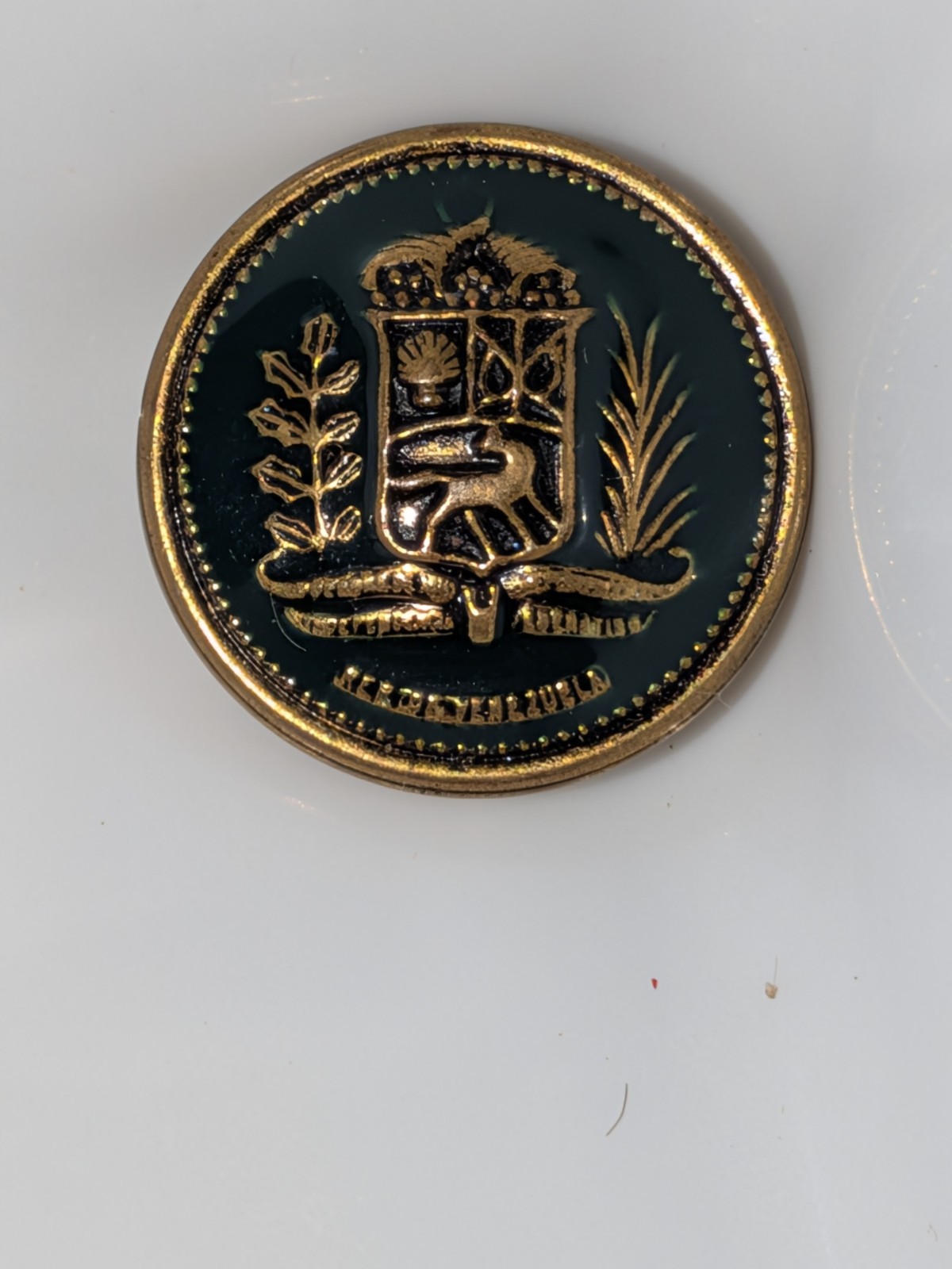 Vintage Venezuela Uniform Button Green Enamel Brass Coat of Arms Horse Right 54-