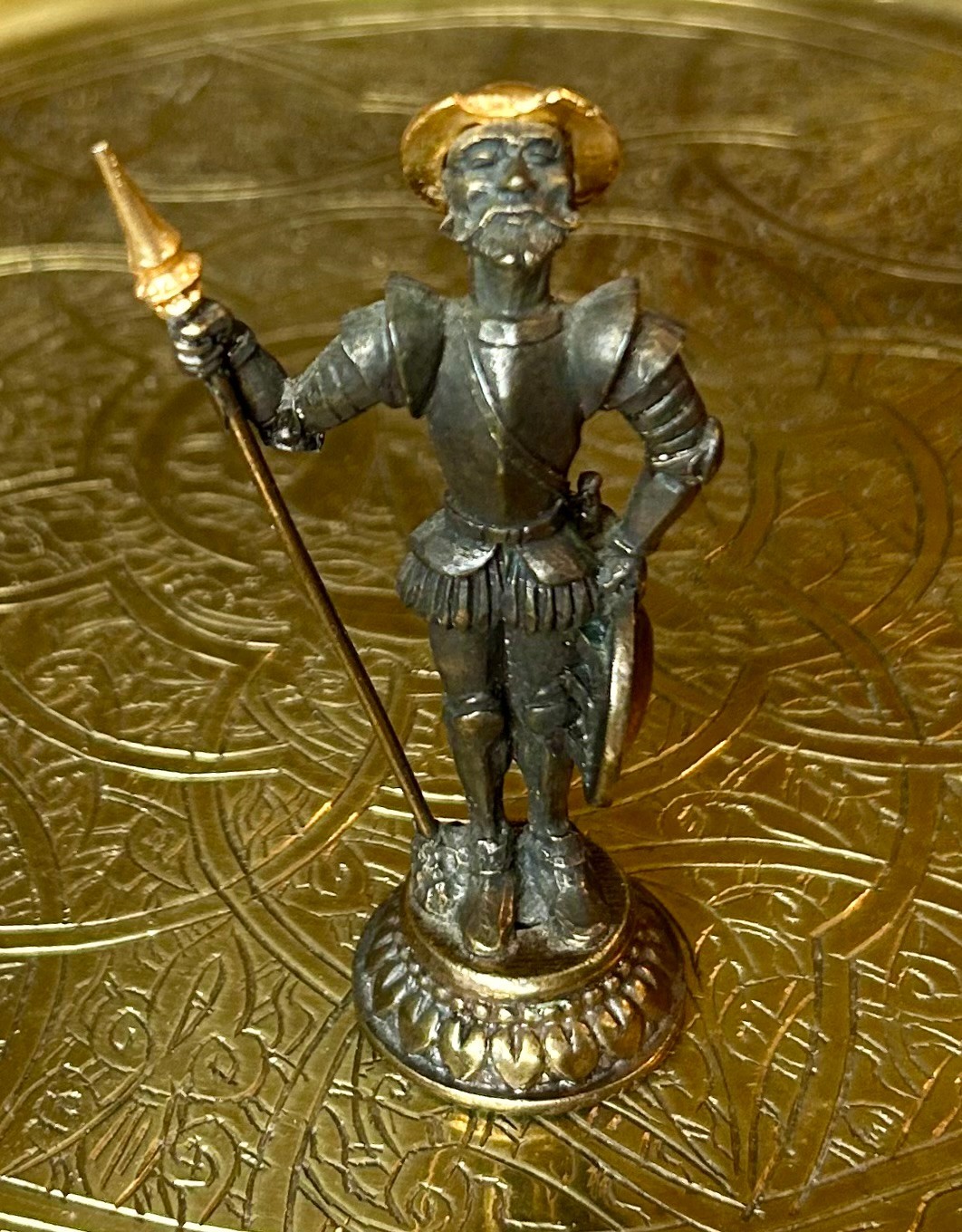 Vtg. Miniature Don Quixote Metal/Patina Figurine w/Spear-Shield 3.25in