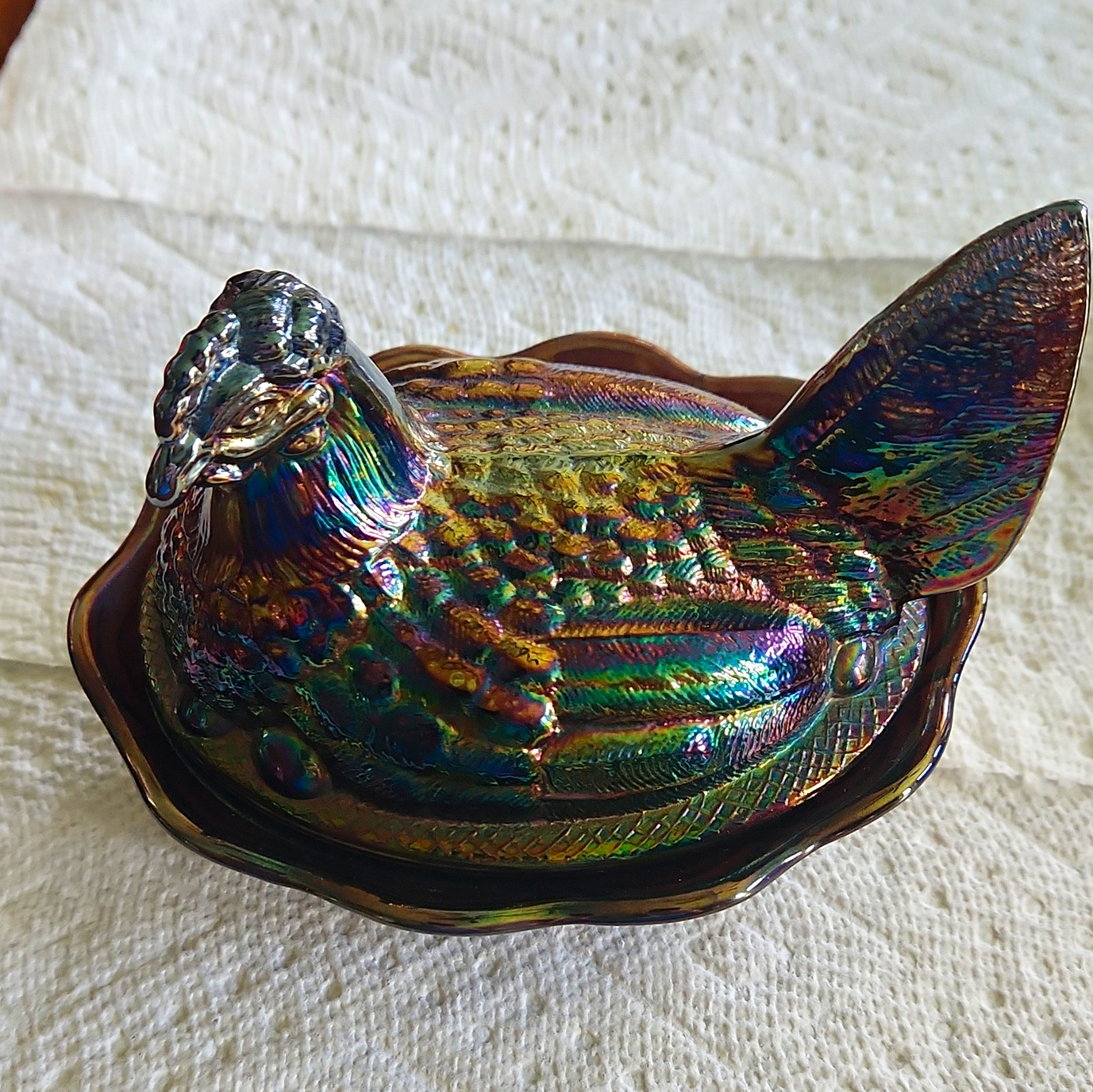 Vintage 1970s Fenton Iridescent Glass Hen on Nest Covered Dish Collectible Vintage 1970s Fenton Iridescent Glass Hen on Nest Covered Dish Collectible
