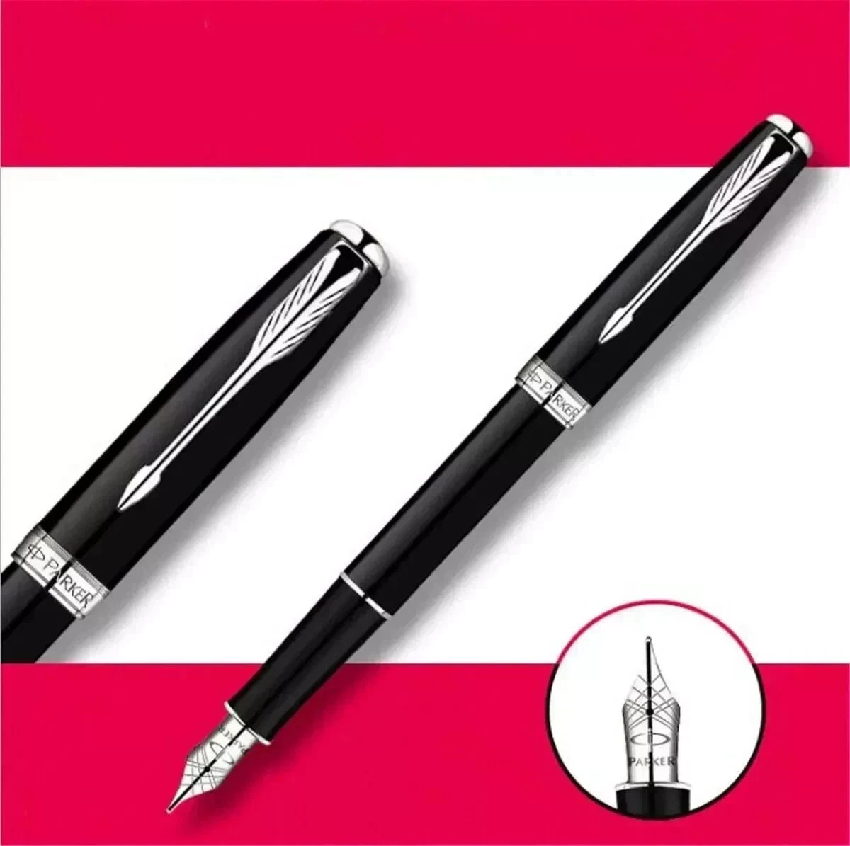 Good Bright Black/White Clip Parker Sonnet Series Fine (F) Nib Fountain Pen