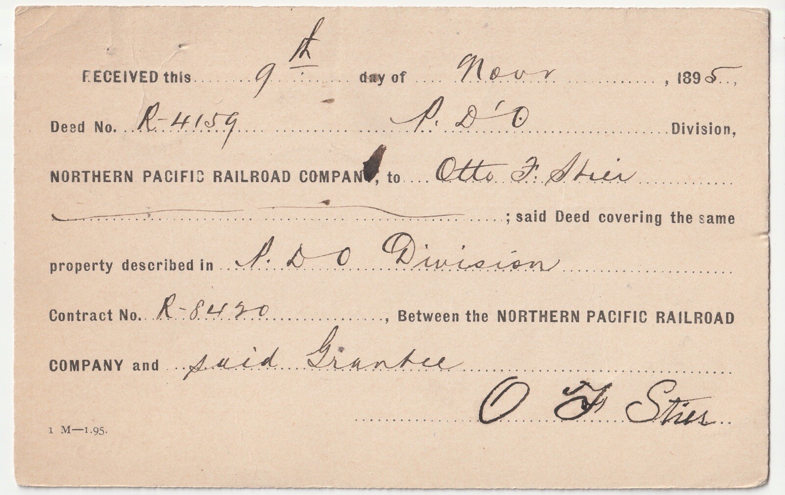 Northern Pacific Railroad NPRR Land Deed Tacoma Washington WA RR Postcard 1895