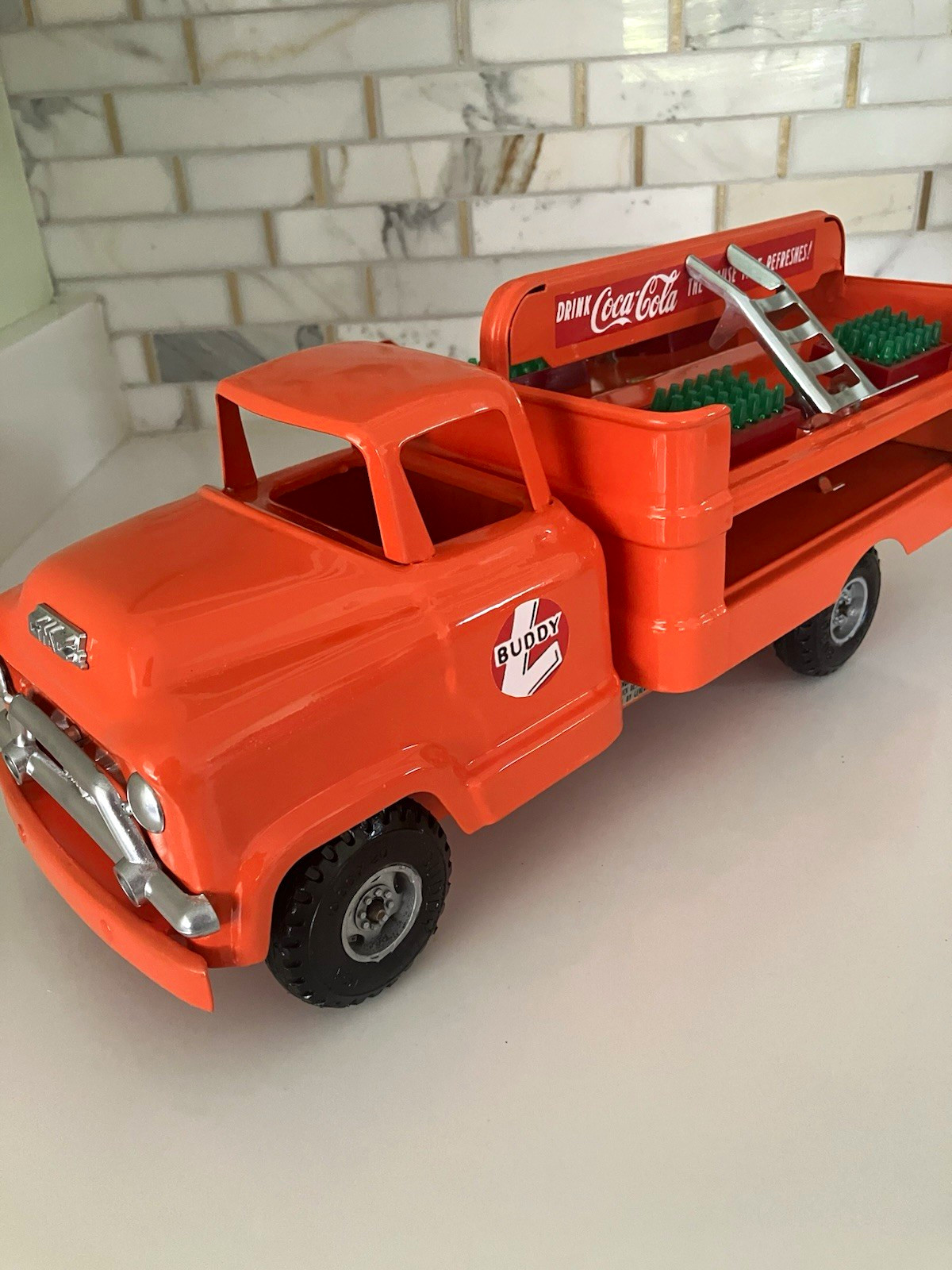 Rare GMC Coca-Cola Buddy L Orange W/Hand trucks & Soda Crates & Conveyor Ramp