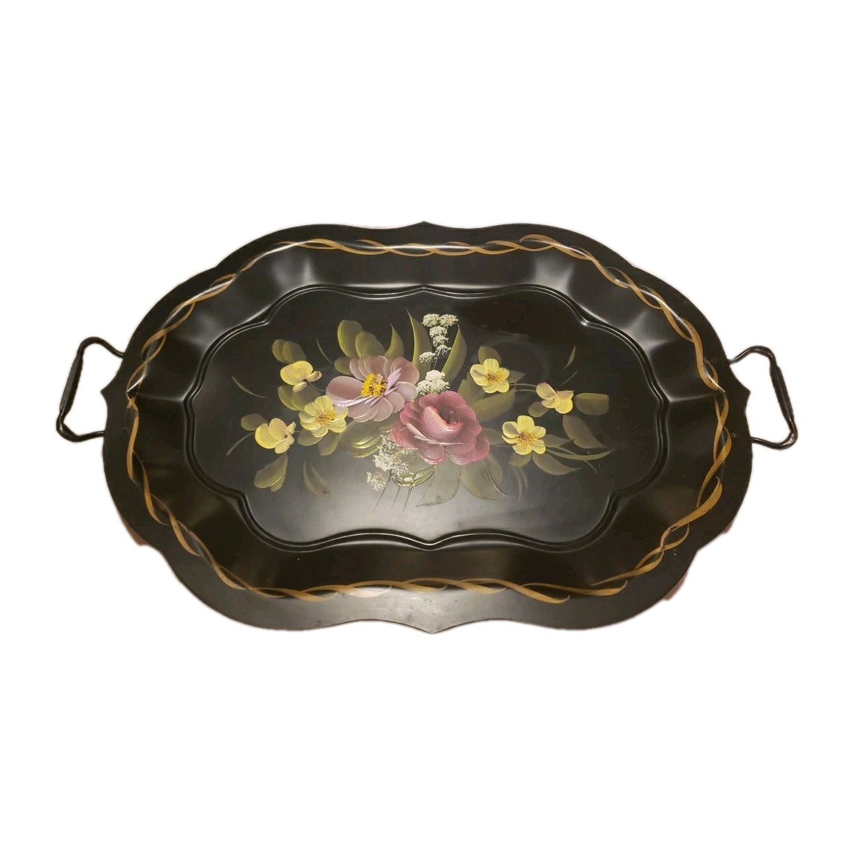 Vtg Black Metal Handpainted Serving Tray Handles Fine Arts Studio Philadelphia 