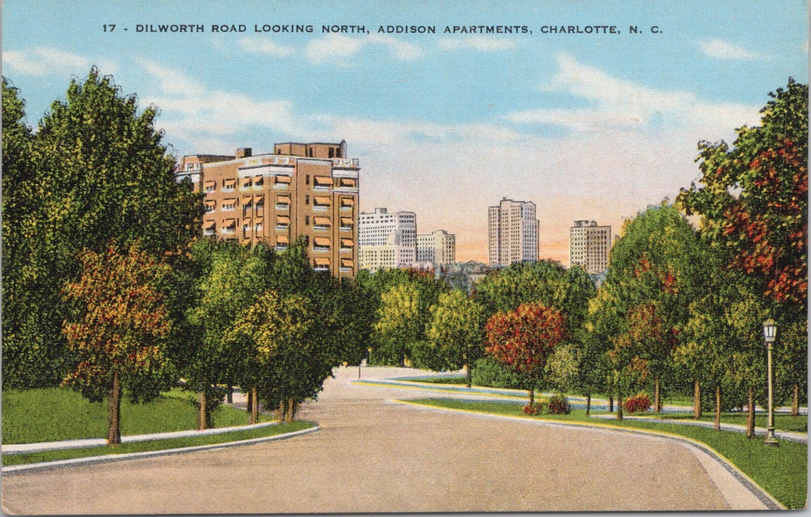 Linen PC * Charlotte NC Dilworth Road Scene Addison Apartments 1940s Linen PC * Charlotte NC Dilworth Road Scene Addison Apartments 1940s