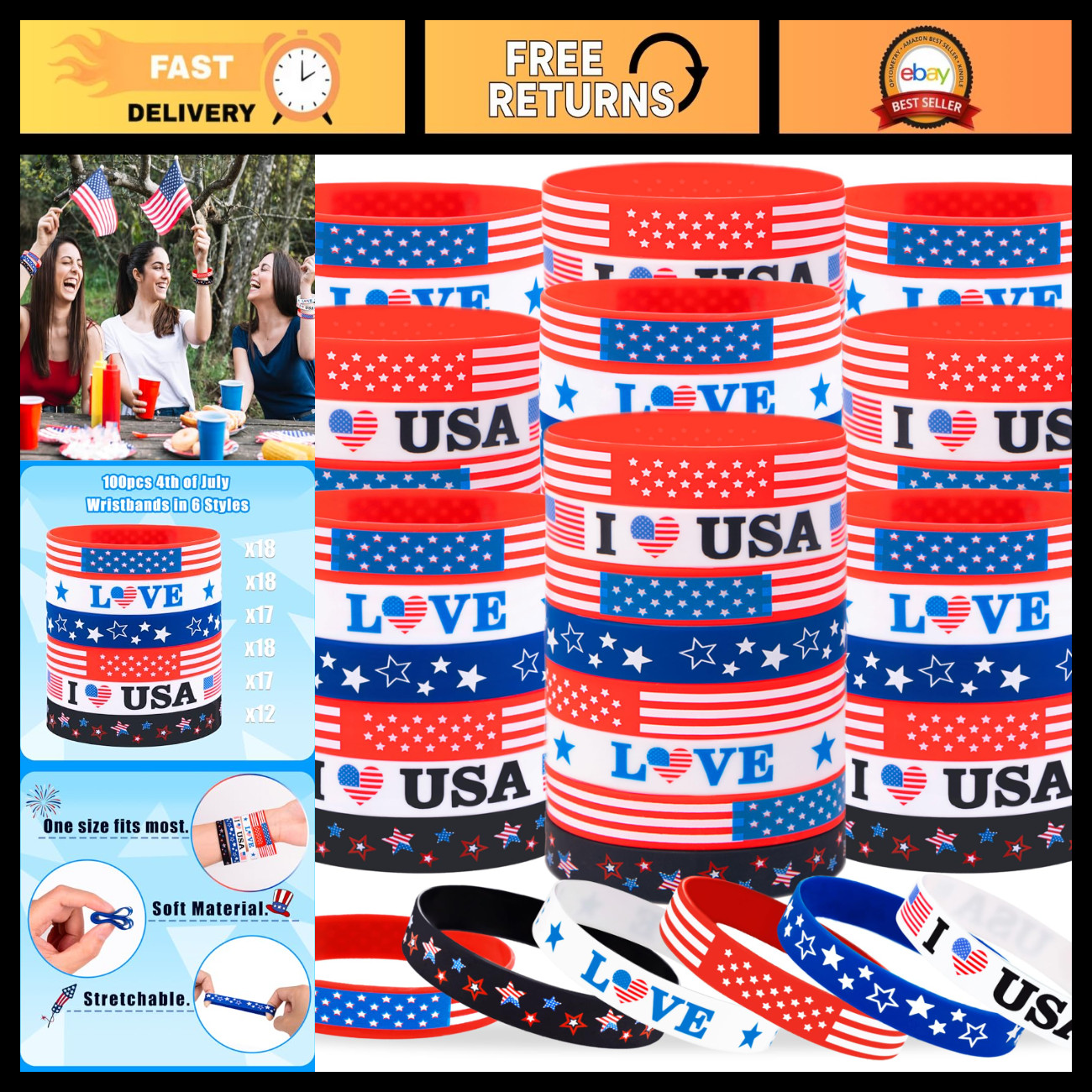 100PCS 4th/Fourth of July Accessories Party Favors: Patriotic Silicone Rubber Br