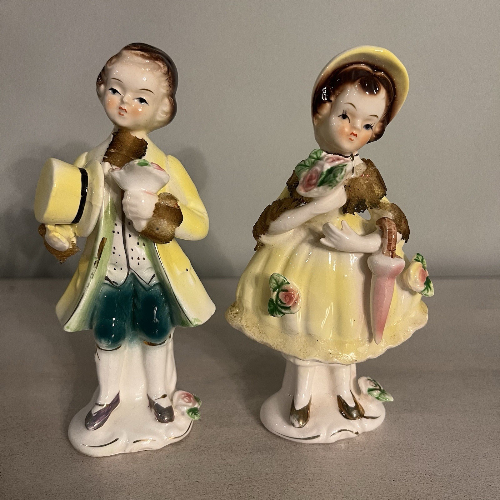 Vintage Arnat Pair Yellow Dress Girl & Yellow Top Hat Boy Figurines Japan