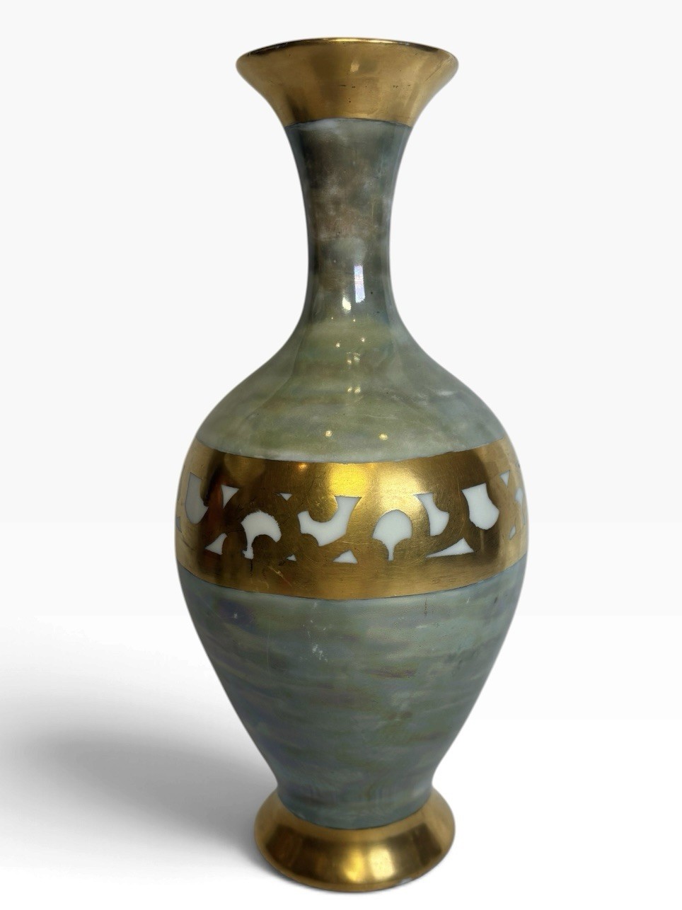 Vintage Fraunfelter Porcelain Vase Art Deco Geometric Signed Iridescent 10