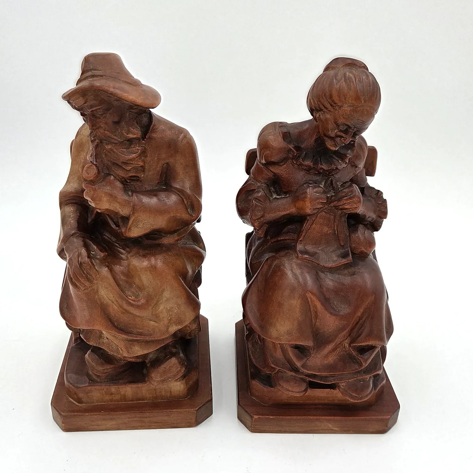 Vintage Heinzeller Oberammergau Hand Carved Wood Seated Old Man & Woman Figures