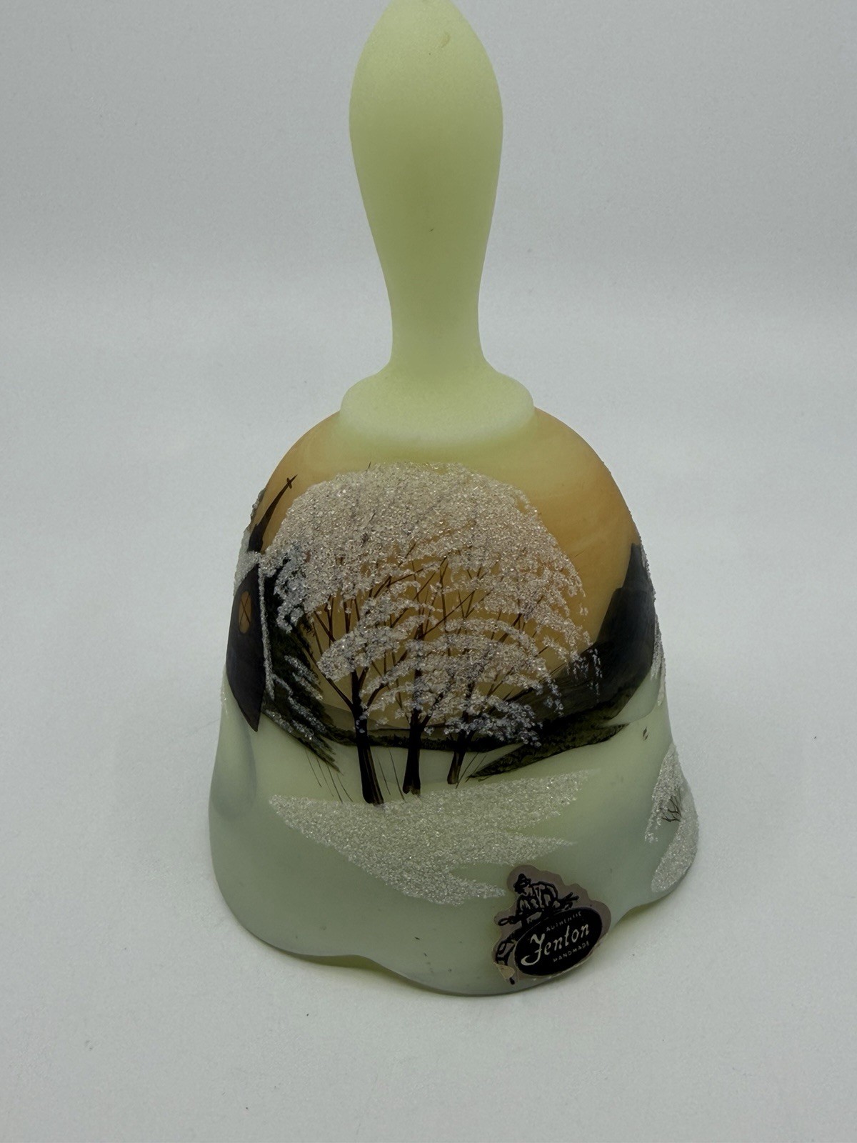 Vintage 1978 Fenton Satin Custard Uranium 6” Bell Hand Painted Signed Church...