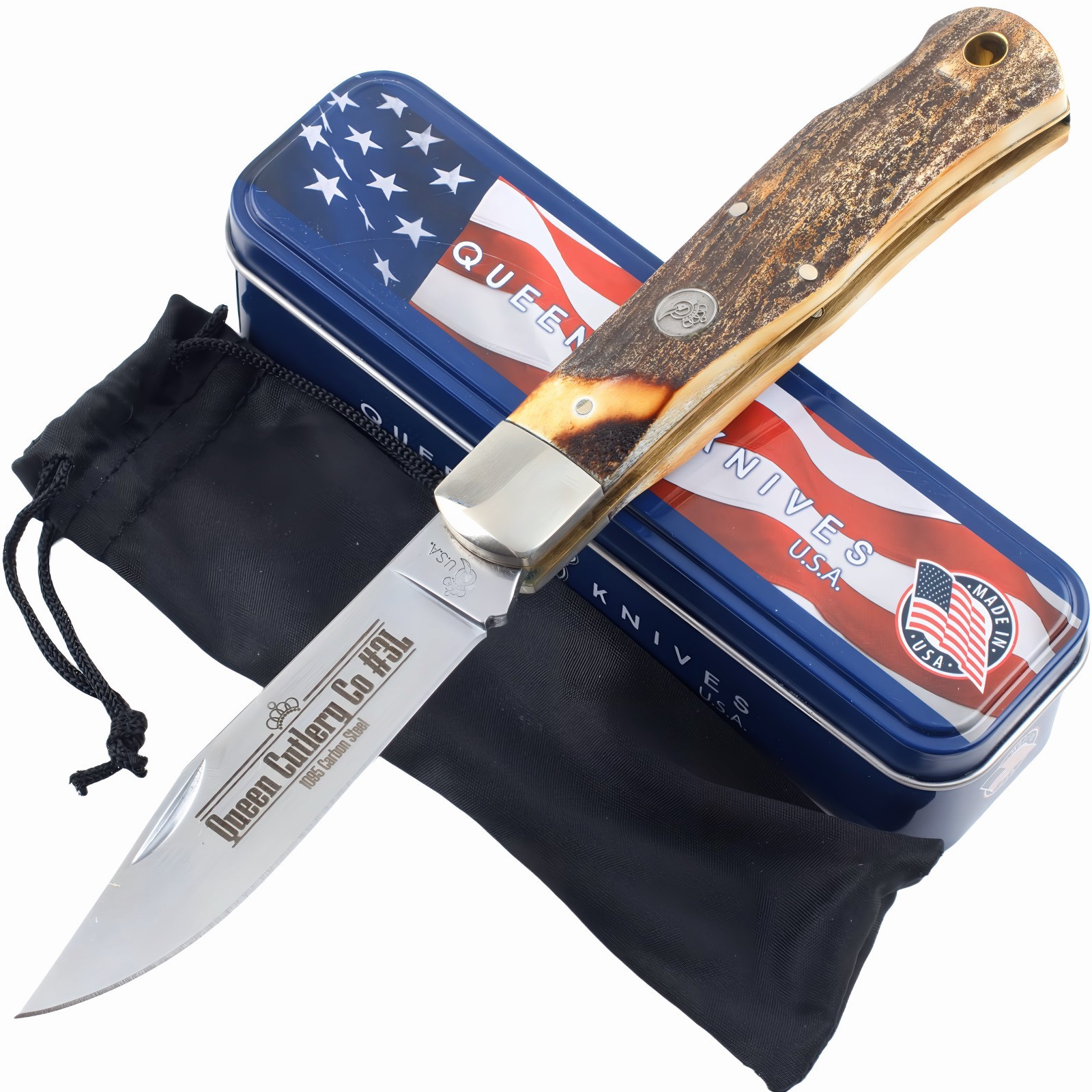 Queen Lockback Folding Pocket Knife Burnt Stag Horn Handle Clip Point Blade