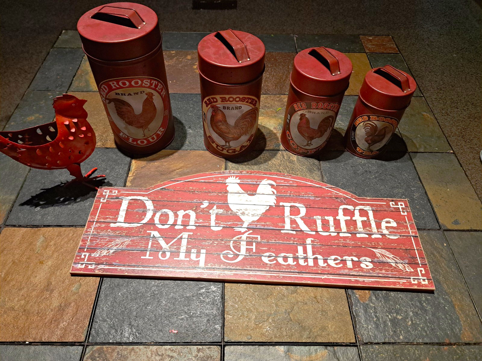 Red Rooster Metal Kitchen Canister Set w/ Lids Wall Plaque And Tealight Holder Red Rooster Metal Kitchen Canister Set w/ Lids Wall Plaque And Tealight Holder