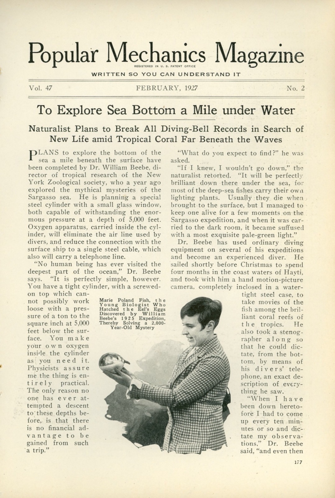1927 Magazine Article New York Zoological Diving Bell Records Marine Research