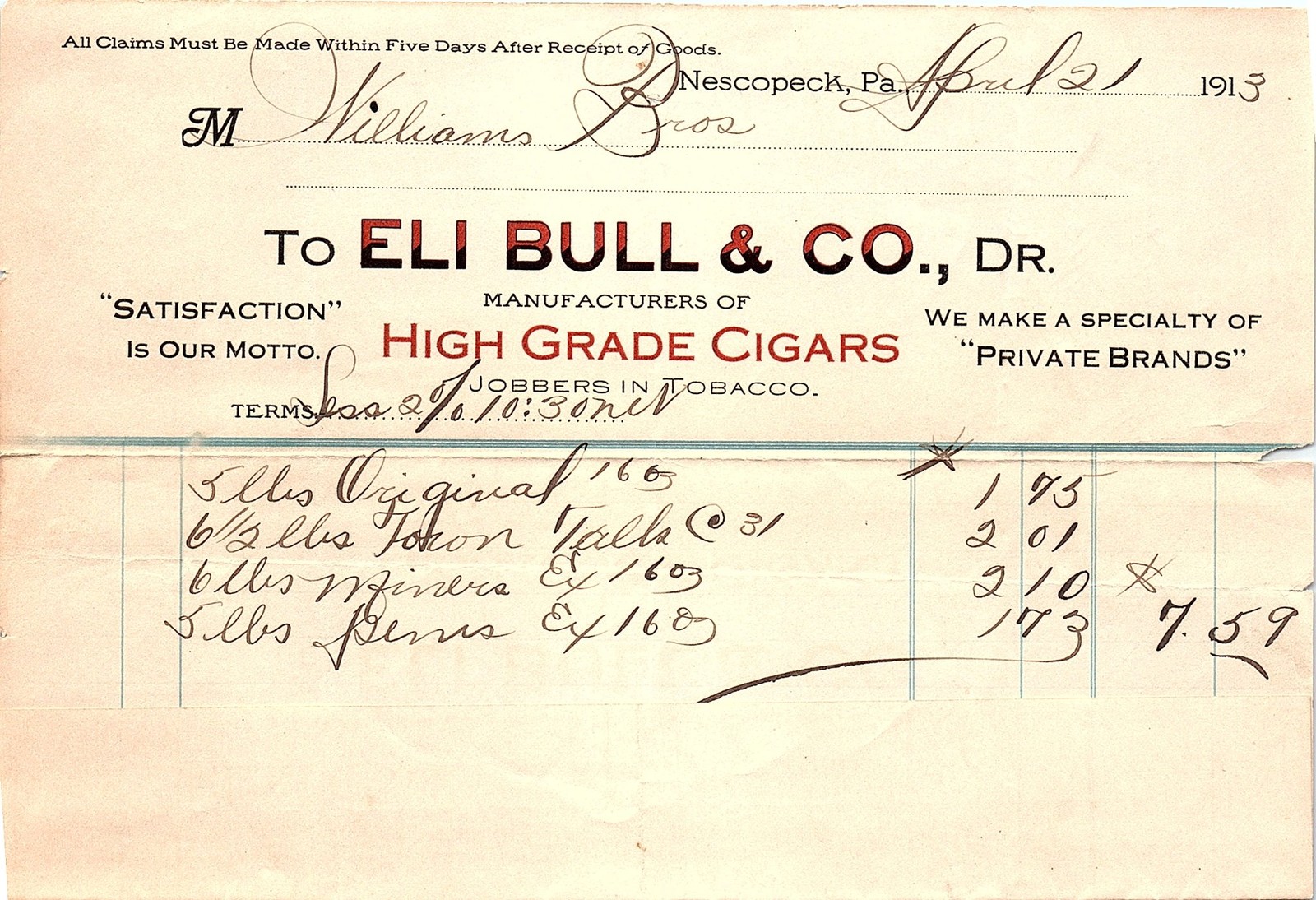 1913 Nescopeck, PA Eli Bull & Co. Tobacco Billhead 1913 Nescopeck, PA Eli Bull & Co. Tobacco Billhead