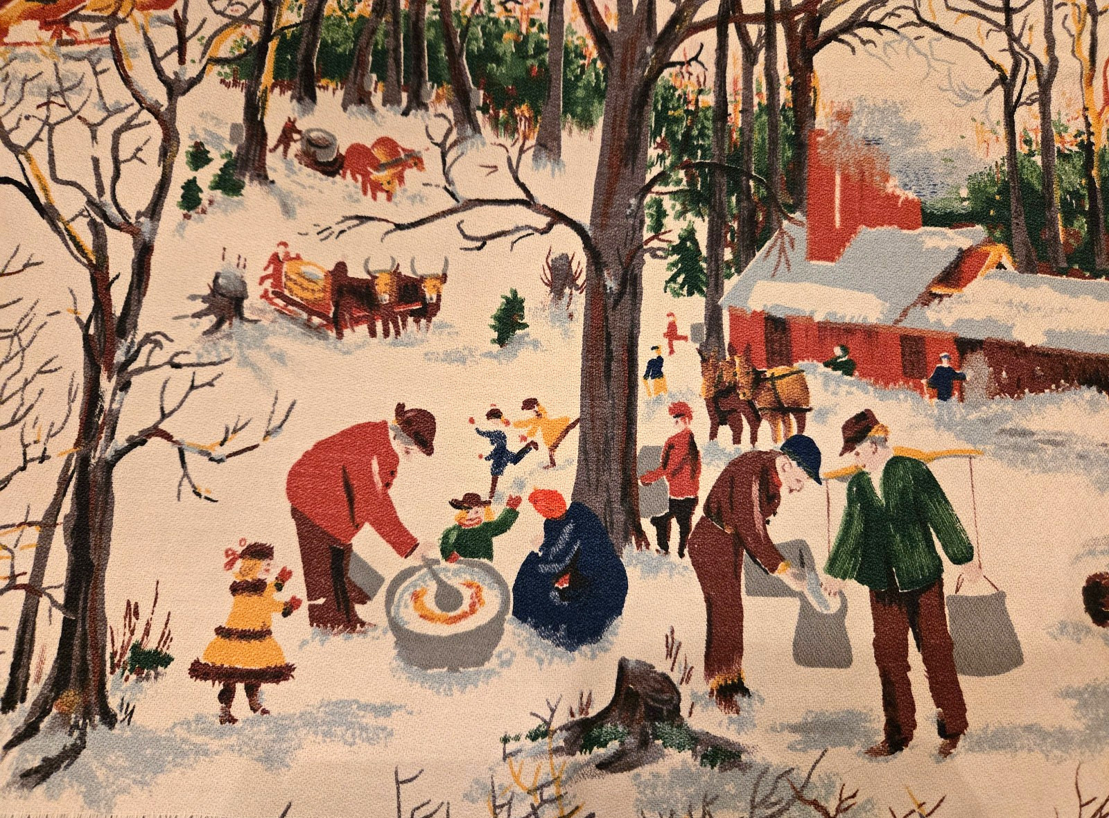 1940s Grandma Moses Snow SUGARING OFF Fabric Barkcloth Excellen Vtg 47  1/2