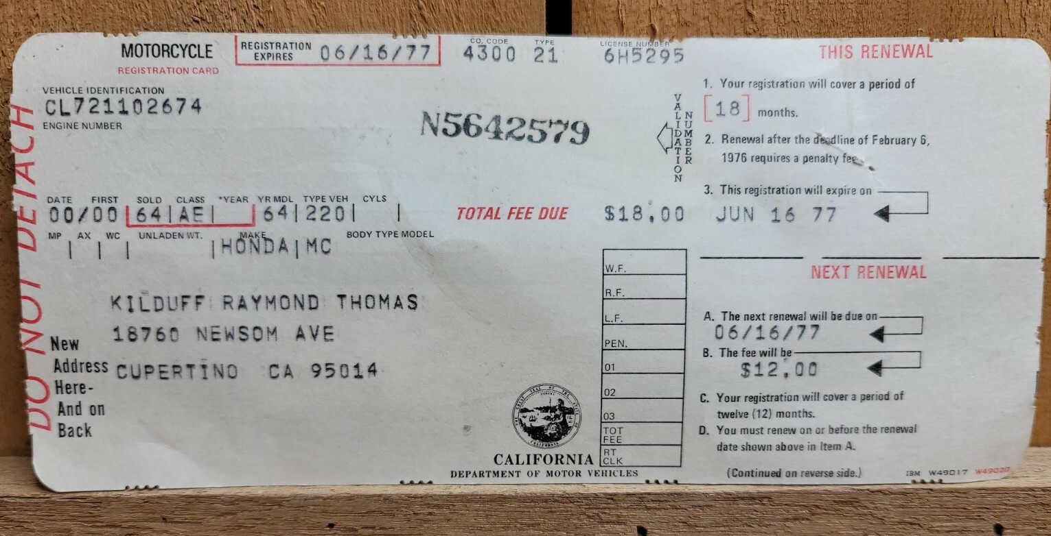 1977 State of CA California DMV Vintage Motor Cycle Registration Card 
