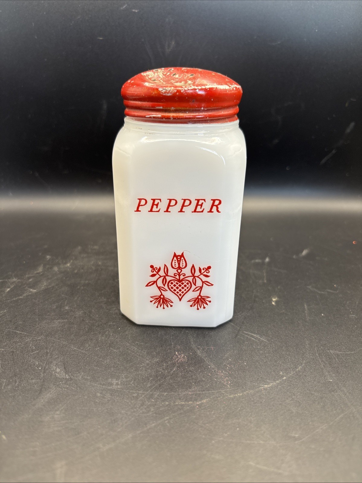 Vintage Hazel Atlas Milk Glass RED Lettering  Dutch Stove Top Pepper.