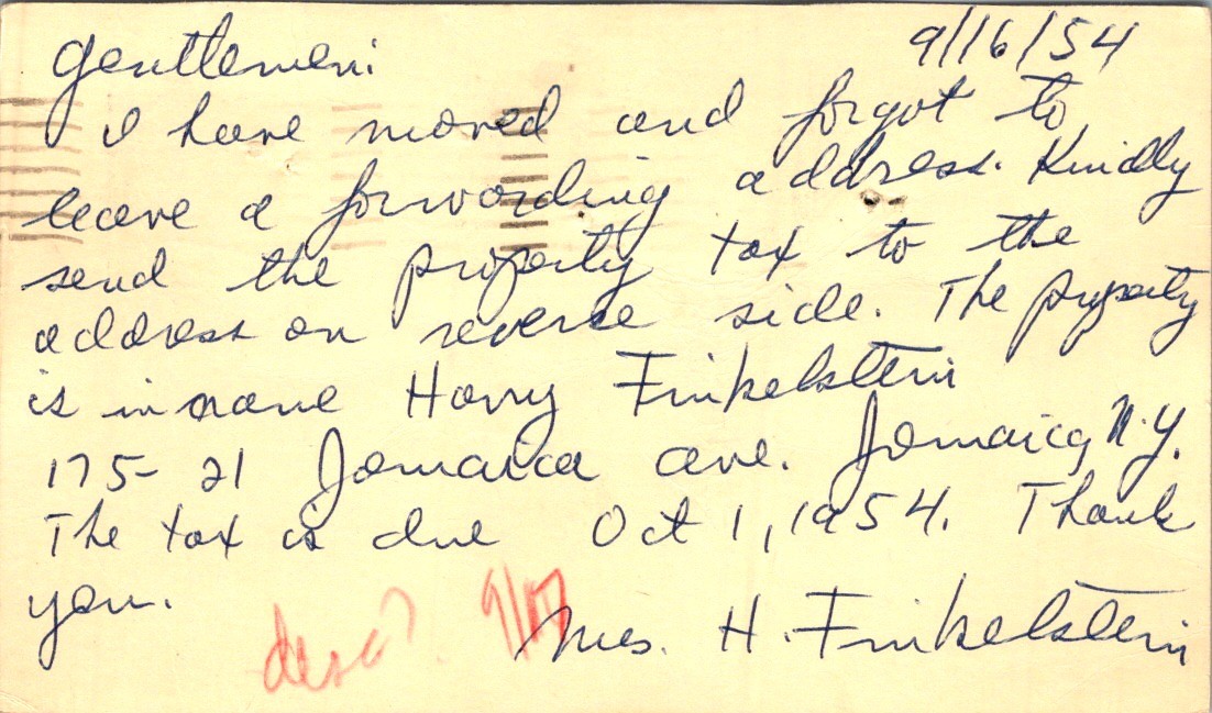 1954 Postal Card Jamaica NY Finkelstein Address Change Queens Blvd Kew Gardens 1954 Postal Card Jamaica NY Finkelstein Address Change Queens Blvd Kew Gardens