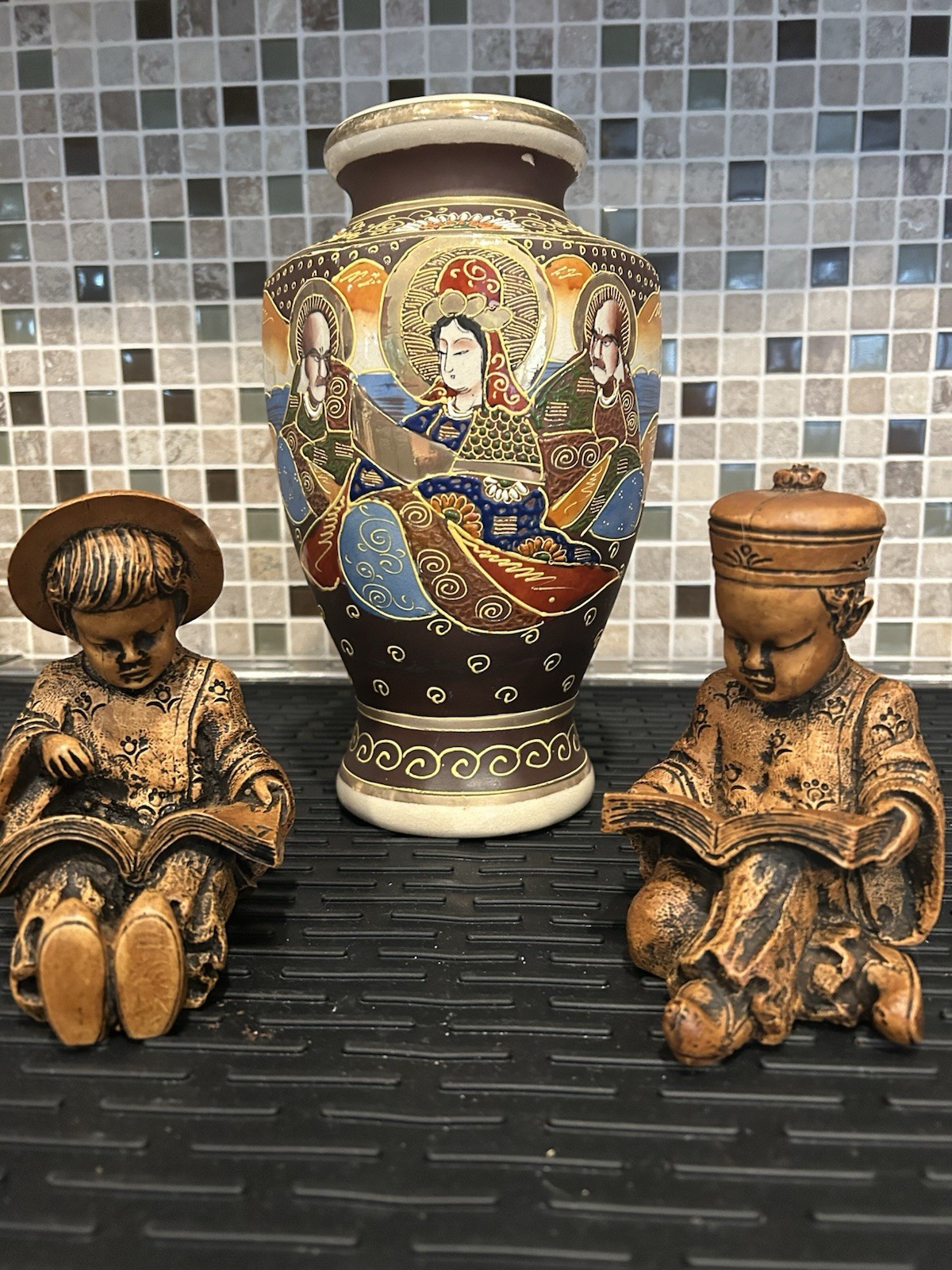 Vintage Japanese Hand-Painted Decorative Vase with Vietnam Scholar Children 3 pc