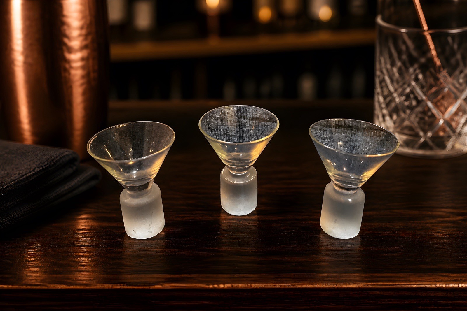 Set of three post-modern frosted stem martini glasses 3.5” Tall Set of three post-modern frosted stem martini glasses 3.5” Tall