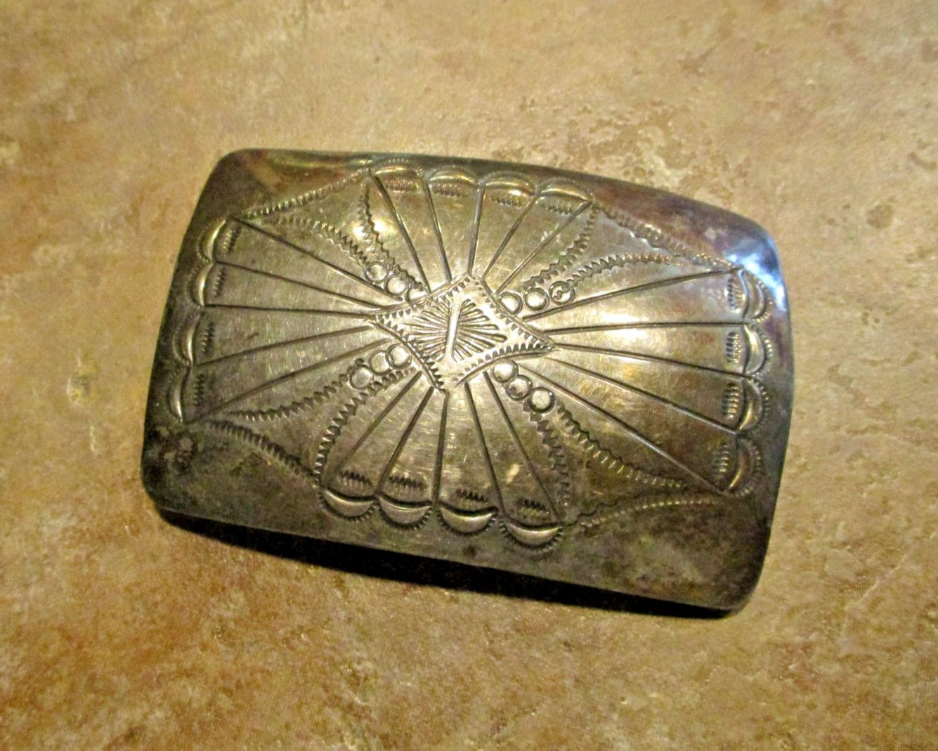 OUTSTANDING Vintage Navajo Sterling Silver Stamped Design CONCHO Belt Buckle